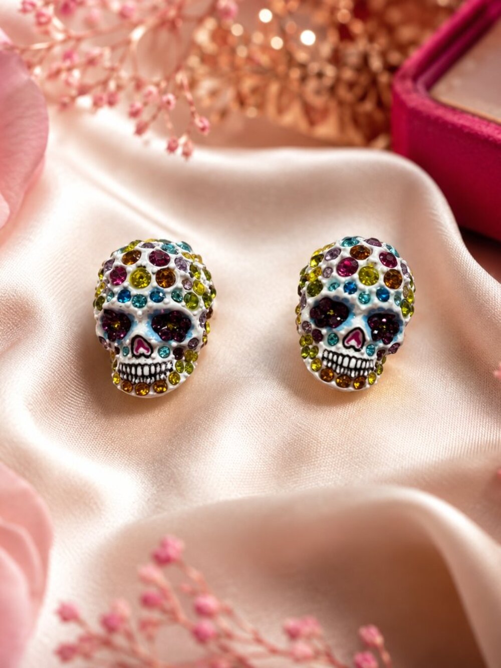Betsey Johnson White Enamel & Multi Color Crystal Sugar Skull Stud Earrings NIB